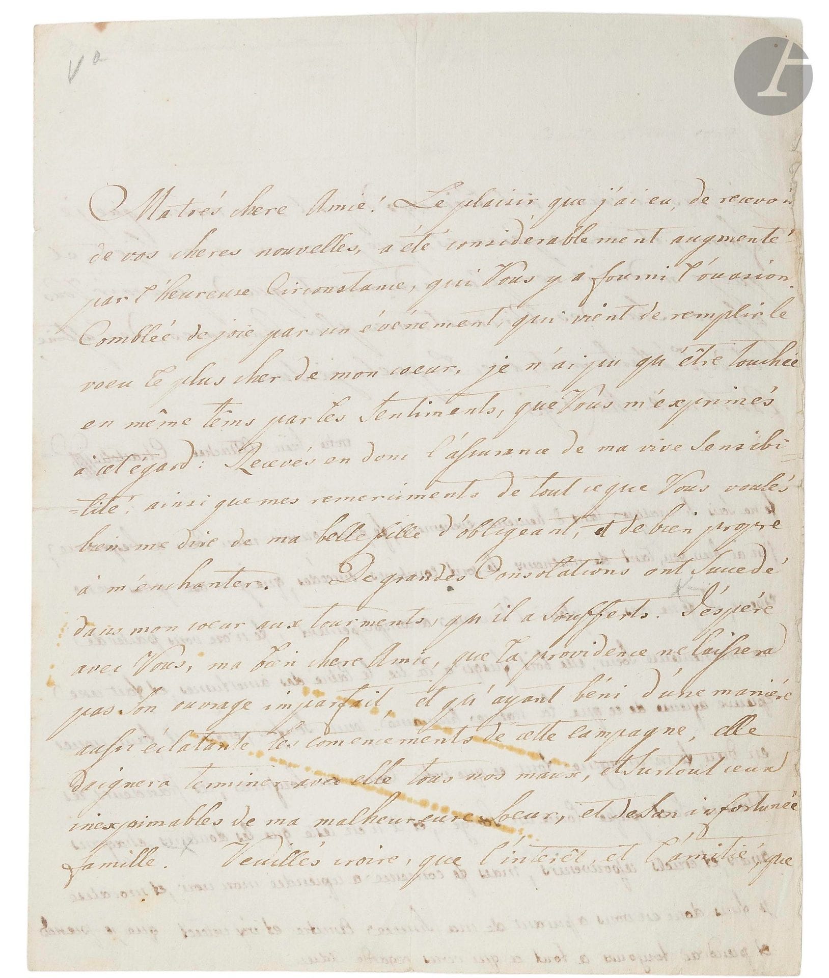 MARIE-CAROLINE-CHARLOTTE (1752-1814) Reine de Naples et des Deux-Siciles, sœur de Marie-Antoinette. L.S. en partie autographe, Caserte 18 mai 1793, à une amie ; 2 pages in-4 (petites taches).

Émouvante lettre sur Marie-Antoinette. ...«J’espère avec vous [...] que la providence ne laissera pas son ouvrage imparfait, et qu’ayant béni d’une manière aussi éclatante les comencements de cette campagne, elle daignera terminer avec elle tous nos maux, et surtout ceux inexprimables de ma malheureuse sœur, et de son infortunée famille. [...] Je n’ose vous parler de ma malheureuse sœur, elle boit jusqu’à la lie le calice des amertumes, et fait une epreuve afreuse de ce que la nature humaine peut soufrir, les grandeurs, les plaisirs sont passé come un songe, et il n’en reste que les douleurs, chagrins amers, et cruels ressouvenirs»...

On joint la signature autographe (découpée) de Charles-Emmanuel III, Roi de Sardaigne.