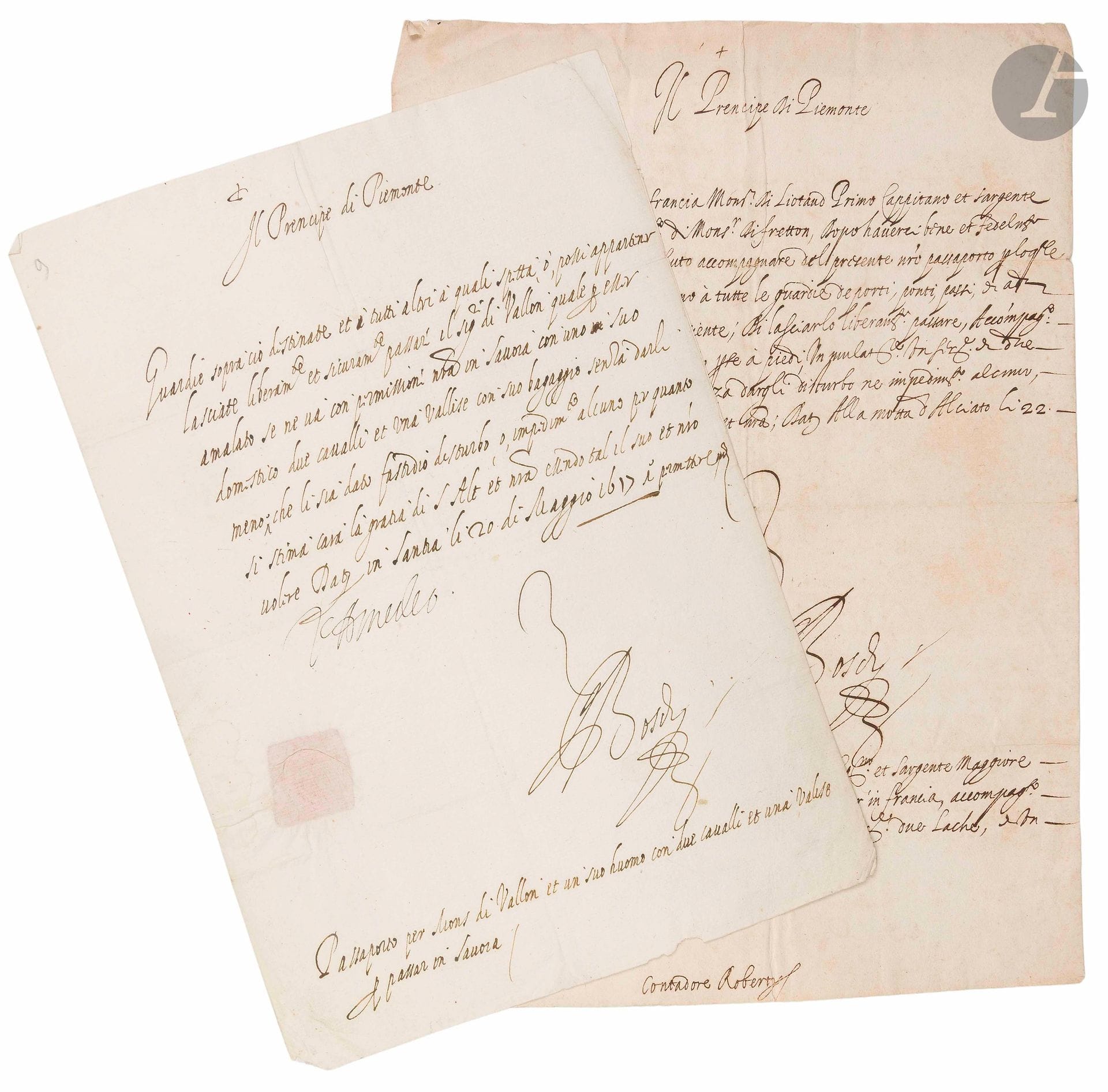 SAVOIE. VICTOR-AMÉDÉE Ier (1587-1637) duc de Savoie. 2 P.S., Alciato 22 février et Santia 20 mai 1617 ; 1page in-fol. chaque, sceau aux armes sous papier ; en italien. 

Passeports signés comme Prince du Piémont, délivrés au capitaine de Liautaud, sergent major au régiment de M. de Fretton, qui retourne en France, et à M. de Vallon pour aller en Savoie.

On joint une P.S., Turin 12 juin 1637, ordre au baron de Saint-Michel, garde des archers, de se rendre à Cuiers (1 p. in-fol., mouill.).