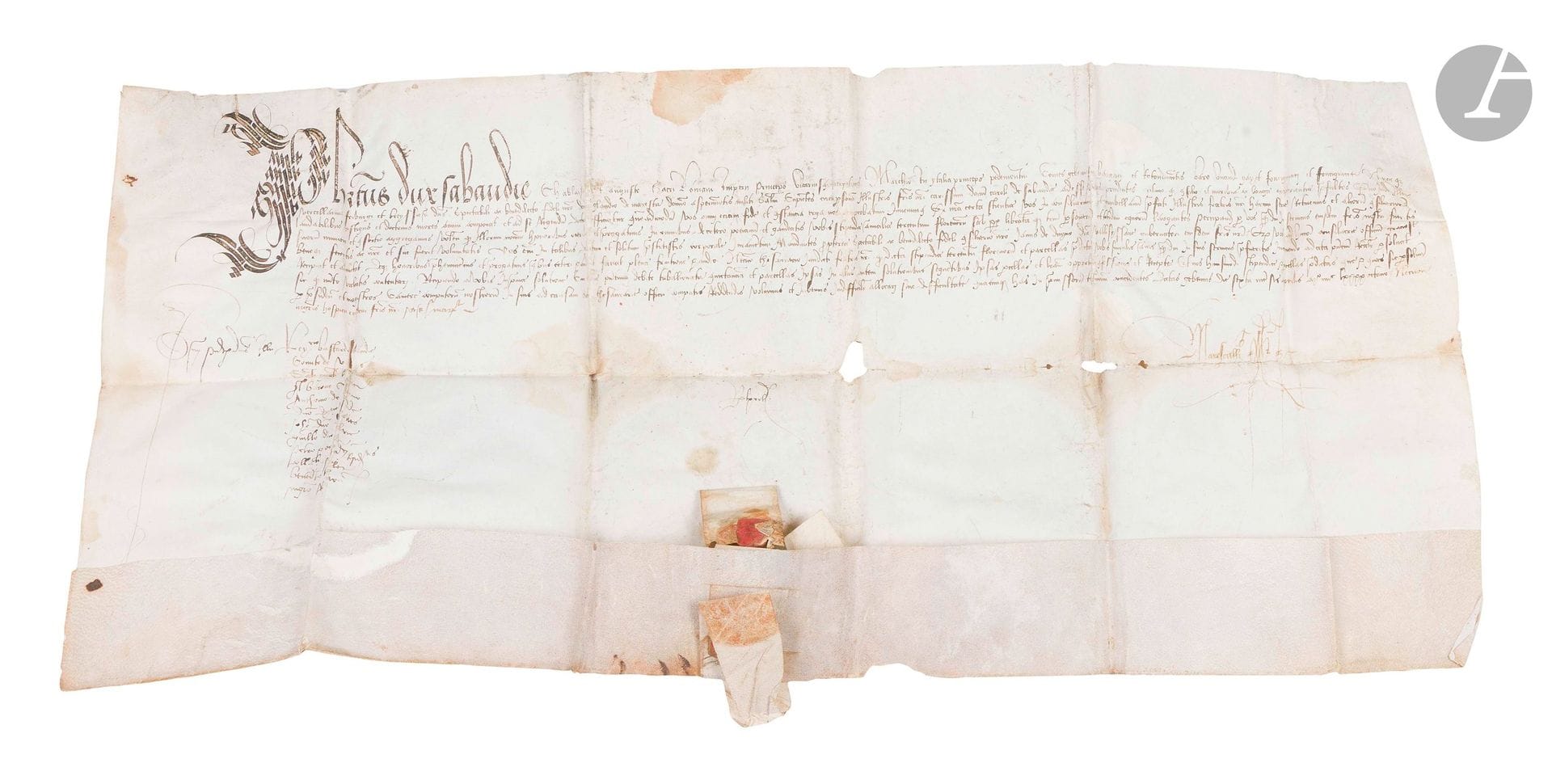 SAVOIE. PHILIBERT II le Beau, duc de Savoie (1480-1504). Charte en son nom, Genève 6 avril 1498 ; signatures de chancellerie ; parchemin oblong in-fol. (qqs défauts) ; en latin.

Lettres patentes accordées à noble Claude de Mareste, seigneur d’Apremont, comme conseiller et chambellan de Charles de Savoie (Charles II dit le Bon, demi-frère de Philibert).

On joint une P.S. par Charles-Félix, Turin 2 juillet 1830 (1page in-fol. à son en-tête Carlo Felice Per Grazia di Dio Re di Sardegna…).
