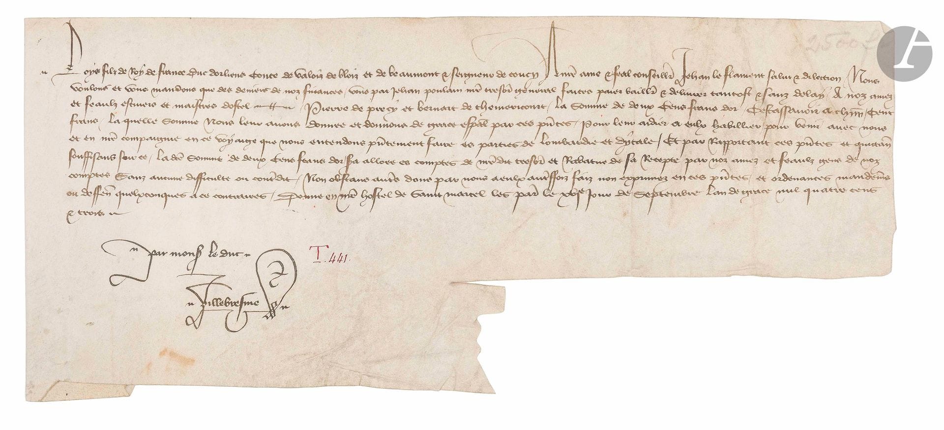 [Louis duc d’ORLÉANS (1372-1407) fils de Charles V et père de Charles d’Orléans]. P.S. en son nom «Par Mons. le Duc Villebresme», Paris 16 septembre 1403 ; vélin oblong in-fol. (35 x 13 cm.).

«Louys fils de roy de France» demande à ce que soit versée à deux de ses écuyers, Pierre de Precy et Bernard de Théricourt, la somme de «deux cens frans dor […] pour leur aidier à eulx habiller pour venir avec nous et en nostre compaignie en ce voyaige que nous entendons presentement faire es parties de Lombardie et d’Ytalie»…