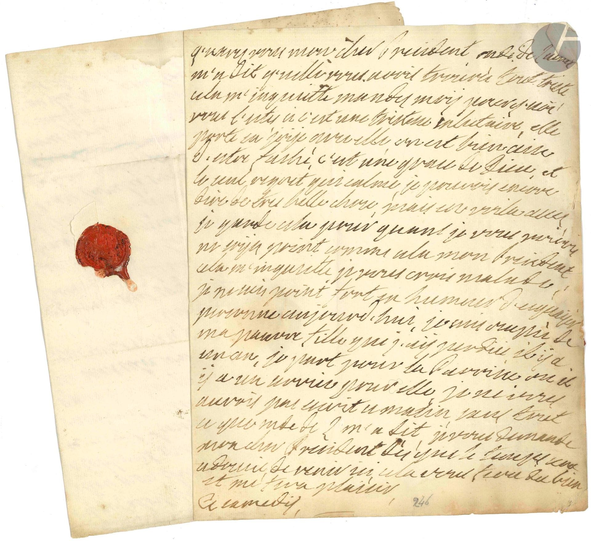 MARIE LESZCZYNSKA (1703-1768). 16 L.A., [vers 1760 ?], au Président Hénault ; 1page in-4 chaque, 10 sur bifeuillet avec sceau de cire rouge aux armes en dernière page (bord droit un peu froissé, voire effrangé sur plusieurs ; qqs légères mouill.).

[Charles-Jean-François Hénault (1685-1770) président au Parlement de Paris, historien, a exercé, de 1753 à 1768, la charge de surintendant de la Maison de la Reine, qui avait pour lui une tendre et confiante amitié, et en fit son fidèle confident à travers une correspondance régulière. Les présentes lettres ont été numérotées postérieurement au crayon de 231 à 246.]

Elle se réjouit que le mal de gorge du président diminue, mais «roder autour de Versailles, s’enrhumer […] sans pouvoir me venir voir, cela n’est pas bien, guerissez promptement vostre rhume, voila la penitence»… – Elle est prise par ses dévotions ; Mme de Luynes va à Dampierre ; «je suis comblée de joye du Pape que nous avons, c’est un saint»… – Elle s’attriste d’un incident arrivé à Saint-Nicolas: «on finira par n’avoir plus de Prestres»… – «Je suis revenue tres contente de Belle vüe le lieu est charmant et les attentions du Roy dellicieuses» ; elle s’inquiète de la santé de M. de Séchelles… – Elle s’inquiète de l’état de la nièce d’Hénault: «je ne vous souhaitte que de saintes larmes elles rendent heureux ceux a qui Dieu fait la grace d’en verser»… – «Quelles horreurs se sont passées hier mon cher President, ou en sommes nous, il n’y a pas de chinois qui tienne a cela, ma pauvre solitude en est troublée. Prions Dieu […] il est le seul qui puisse i remedier, il tient le cœur des Rois entre ses mains»… – «Vous estes insuportable mon cher President, je vous demande du tabac, vous m’envoyez une tabagie charmante, je vous promets si jamais vous en faites autant je ferois l’infamie de vous la renvoyer» ; elle lui adresse un mémoire à remettre à l’Archevêque de Paris: «cela regarde Helvetius, jugez si je m’i interesse»… – Elle est fâchée de n’avoir pas trouvé le président chez Mme de Luynes, mais «un triste billet» écrit d’une autre main: «une chienne ne serets pas capable de cela, aussy j’ay bien grondée»… – «De certaines gens dans le monde m’ont dit que vous vous plaignez de moy mon cher President, vous auriez raison, si j’avois tort, mais tous ces jours ici ont estés si remplis que je n’ay pu vous ecrire»… – Elle veut le gronder et lui écrit «pour vous representer ma mine de colere»… – «Je ne suis pas ettonée de Mde de Mirepoix qui ne me cognoit point de m’avoir soubçonée, mais vous, qui de plus savez ce qui s’est passée sur le brevet de Mde de Duras que je n’ay donnée que pour luy procurer des enttrées chez la Reyne d’Espagne avec promesse que cela ne feroit point un titre de prétention a son retour, il est vray que le Roy estant le maitre, il pouvoit me l’ordoner […] il faut que vous ayez bien mauvaise opinion de moy, aprenez que sur tout ce qui regarde la probité et l’amitié chez moy, ce qui ne doit point estre, n’est jamais»… – «S’il ne falloit pour vous egayer que de mes lettres mon cher President je vous en acableroit, mais comme a la fin elles pouroit finir par vous ennuyer, il vaudroit mieu, pour eviter cet inconvenient quant le temps sera moins affreux venir ici» ; les langueurs dont il souffre doivent provenir «de quelques mauvaises digestions, voici mon ordonances, soyez un jour sans manger, beuvez quelques verres d’eau de chiendent un boullion leger en vous couchant, le lendemain manger un peu, mai peu et le surlendemain vous vous porterez bien»… – Mme de Luynes a trouvé le président «tout triste, cela m’inquiette […] Je ne suis point fort en humeur d’esguayer personne aujourd’hui, je suis occupée de ma pauvre fille que j’ay perdue il y a un an, je pars pour la Paroisse ou il y a un service pour elle»…