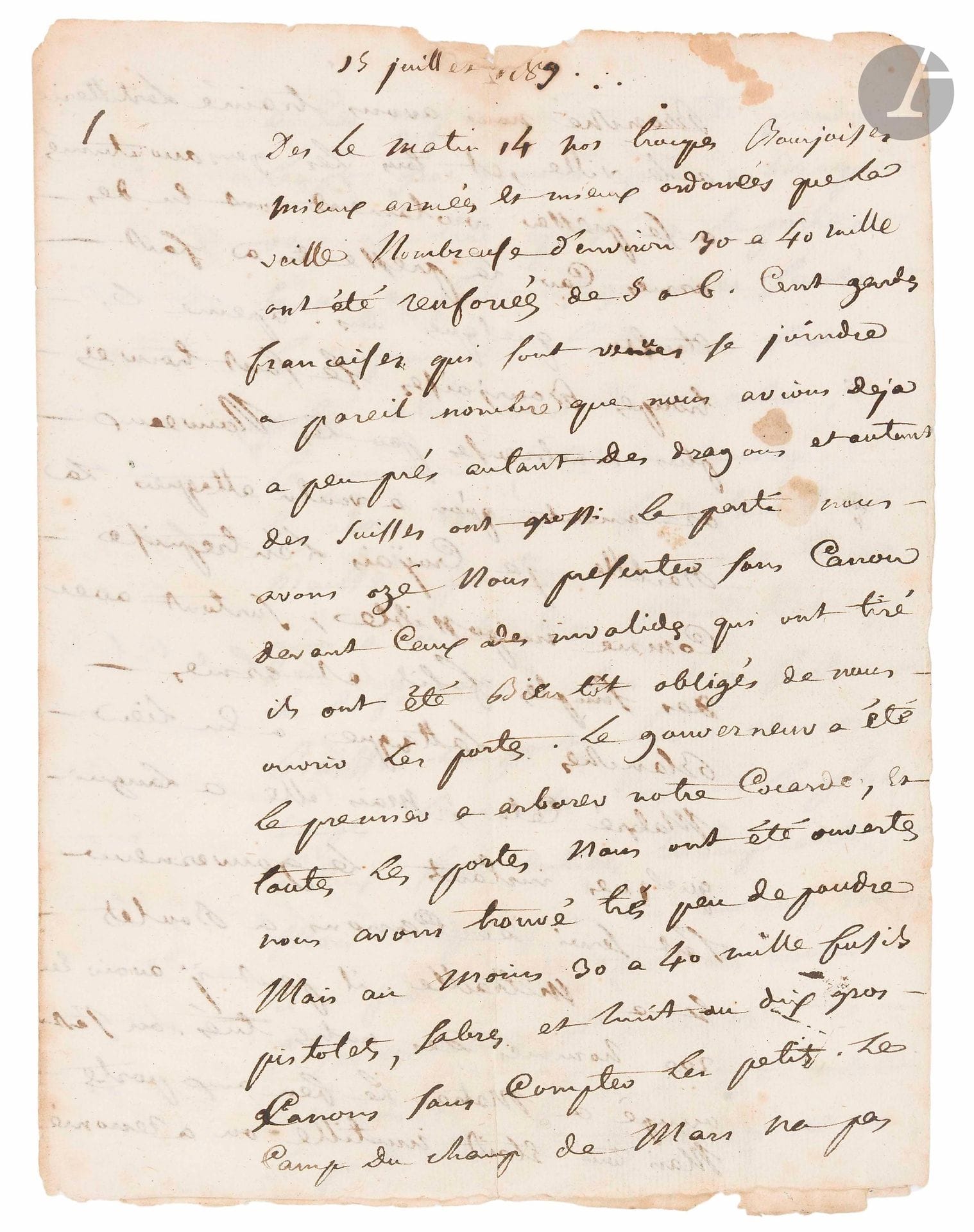 Prise de la BASTILLE. L.A., July 15, 1789; 4pages in-4 (slight defects; the end is missing).

Account of the storming of the Bastille by a participant.

"From the morning of the 14th our Bourgeois troops, better armed and better ordered than the day before, numbering some 30 to 40 thousand, were reinforced"... They presented themselves without cannon in front of the Invalides; the doors were opened to them: "we found very little powder but at least 30 to 40 thousand rifles, pistols, sabers and eight or ten large cannons, not counting the small ones. [...] We wanted to attack the Bastille. I thought it impossible [...] The governor used cannonballs and grapeshot. There may have been 200 of our men killed, we were busy setting fire to the gates [...] and we went to take the biggest cannon, which we aimed at the place opposite the gate"; the inner defenses went to the breach, and M. de Launay, the governor, resorted to a ruse: "he lowered the drawbridge, and our Bourgeois troops, believing the place to be theirs, entered triumphantly; but as soon as there were around 200 of them, he had his invalids lay down their arms, and urged the Bourgeois to do the same; immediately the drawbridge was raised and our troops were fired upon". The cannon having made a breach, "our bourjois with some French guards entered with fury", and punished Launay: "we gave him a blow of bayonete on the figures, and then each one with envy gave him bourrades, we led it to the strike where he was hung"...

2 L.A.S. from François RAVAISSON-MOLLIEN, June 11, 1874 and n.d. (4p. in-8, coll. Taillade stamp). On his work, and in particular on the storming of the Bastille, about which he has found no accurate information: "the victors have generally kept a prudent silence, and the vanquished, those who escaped the massacre, have not wanted to say anything about it either; the truth is, I believe, that the prison was poorly attacked and not defended at all"; Louis XVI let it happen, and the people of the Bastille did not want to take responsibility, etc.