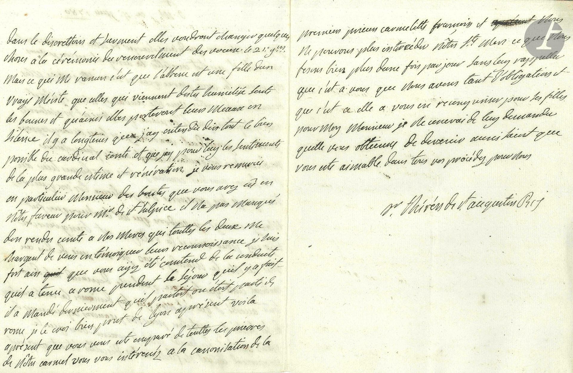 LOUISE-MARIE DE FRANCE (1737-1787) dernière fille de Louis XV, elle entra en religion au Carmel de Saint-Denis. L.A.S. «Sr Thérèse de St Augustin R. I.», [Carmel de Saint-Denis] 4 juin 1780, [au cardinal de Bernis] ; 2pages et demie in-4.

Elle remercie Bernis du «pretieux trésor» qu’il lui a envoyé: «je voudrois que Mr larchevesque fut déja icy pour voir si la relique at bien guerie car vous ne me le mandez pas». Elle le charge de demander au cardinal Conti «la continuation de ses bontés et protection pour mes peauvres capucinnes de Paris qui sont des Saintes». Elle craint l’attitude du provincial pour la cérémonie de renouvellement des vœux, mais ce qui la rassure, c’est que «l’abbesse est une fille dun vray mérite». Elle dit sa «grande estime et vénération» pour le cardinal Conti, et sa reconnaissance à Bernis: «Voila a présent que vous vous este emparé de touttes les pierres de nôtre carmel vous vous intéressez a la canonisation de la premiere prieure carmelitte françoise»…