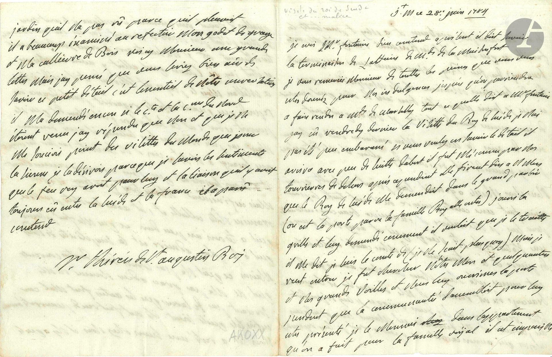 LOUISE-MARIE DE FRANCE. L.A.S. «Sr Thérèse de St Augustin R. I.», [Carmel de Saint-Denis] 28 juin 1784, [au cardinal de Bernis] ; 4 pages in-4.

Belle et longue lettre sur la visite du Roi de Suède Gustave III au Carmel.

Elle a eu la visite du Roi de Suède qui l’a un peu embarrassée. Il est arrivé avec une petite suite et il n’est d’abord pas reconnu par les sœurs tourières, puis fut introduit «dans le grand parloir (ou est la porte par ou la famille Royalle entre) jouvris la grille et luy demandé comment il vouloit que je le traitte il me dit je suis le comte de (je ne scait plus quoy) [Gustave III voyageait sous le nom de comte de Haga] mais je veux entrer je fut chercher nôtre Mere et quelquautres et des grands voilles et nous lui ouvrimes la porte pendant que la communauté s’assembloit pour luy estre présenté. Je le menois dans lappartement qu’on a fait pour la famille royal». Elle relate ses échanges avec le Roi qui «me parla beaucoup du feu Roy» [Louis XV], et aussi de Bernis. Il voulut visiter la maison et le chœur: «Nous nous misme a genouil luy point ensuitte après avoir fait une courte prierre», il examina une statue de la Sainte Vierge «qui est assez belle quoyque de pierre il me dit cest comme cela chez nous car nous avons gardé beaucoup du rit romain». Puis il orienta la conversation vers l’empereur [Joseph II] et ses réformes touchant la religion: «Sa mere nétoit pas morte il nauroit pas osé cest un homme terriblement vif je me suis trouvé a Rome pendant quil y étoit jay vû lheure quil alloit y avoir un schismes a Millan Mais le pape est tollerent et il a cédé. Je luy répondi que quand cela ne regardoit pas le dogme on pouvoit céder c’est la seule chose quil maye dit qui ne maye pas plu Mais en bon luterien il a crû donner une louange a N. St père il ne tarissoit pas sur son compte […] il a fort examiné nôtre cellulle et s’est assis sir notre paillace qui a trouvé un peu dur ce qui ma fait plaisir quil a le plus admiré est la simplicité de nôtre Maison». Il est resté une heure, a visité le réfectoire mais n’a pu voir le jardin car il pleuvait… Elle ajoute pour finir qu’elle n’aime pas les «visittes du monde que pour la sienne je la désirois parce que je savois les sentiments que le feu roy avoit pour luy et la liaison quil y avoit toujours eû entre la Suède et la Franca il a parû comtend».