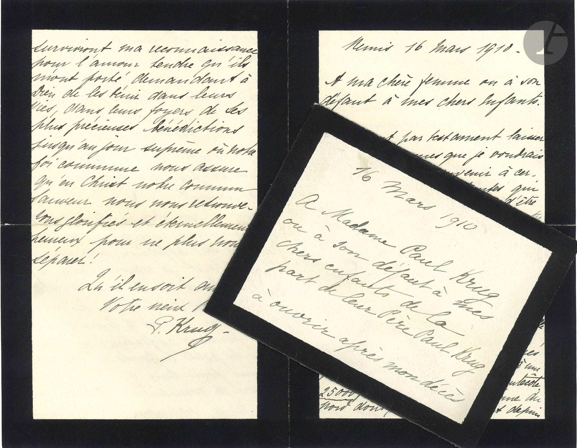 CHAMPAGNE. Paul KRUG (1842-1910). L.A.S., Reims 16 mars 1910, à sa femme et ses enfants ; 4pages in-8 (deuil), enveloppe «à ouvrir après mon décès».

Volontés testamentaires, un mois avant sa mort (19 avril 1910). Il charge sa femme ou ses enfants de faire des dons pour soutenir des «œuvres protestantes», dont «l’Association cultuelle de l’Église Réformée Évangélique de Reims», la «Société Chrétienne du Nord dont j’ai été Président», pour ses domestiques, pour ses petits-enfants, etc.