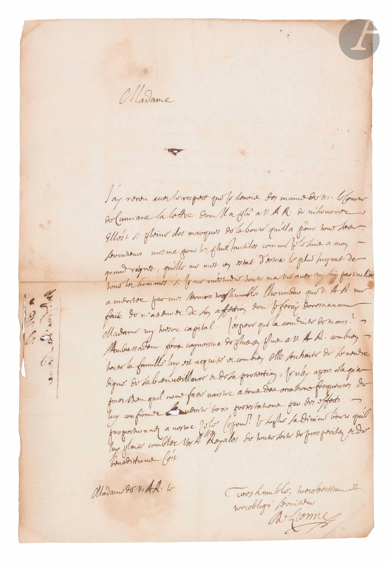 Hugues de LIONNE (1611-1671) ministre et diplomate. L.A.S„ [vers 1660], à Christine de France, duchesse de Savoie (fille d’Henri IV) ; 1page in-fol. (lég. rouss.).

…«J’ay receu avec le respect que je devois des mains de M. le Comte de Cumiane [Francesco Canale, comte de Cumiana, ambassadeur de Savoie à Paris] la lettre dont il a plû à V.A.R. de m’honorer. Elle est si pleine des marques de la bonté qu’elle a pour tous ses serviteurs mesme pour les plus inutiles comme je le suis à mon grand regret, qu’elle me met en estat d’estre le plus ingrat de tous les hommes si je ne m’estudie toute ma vie avec un soin particulier à meriter par mes services treshumbles l’honneur que V.A.R. me fait de m’asseurer de son affection dont je feray doresnavant Madame un trésor capital»…

On joint une L.S. par D’Aguesseau (Nîmes 16 mai 1676), et une P.S. par Claude Talon (Audenarde 9 novembre 1677, passeport pour un marchand de Gand, vignette).