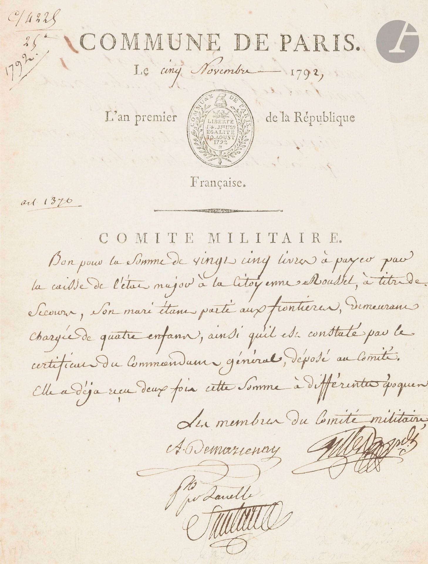 Antoine-Joseph SANTERRE (1752-1809) brasseur, meneur des journées révolutionnaires. P.S., 5 novembre 1792 ; 1page in-4, petite vignette et en-tête Commune de Paris. Comité militaire.

Bon pour le paiement de 25 livres «à la Citoyenne Roussel, à titre de secours, son mari étant parti aux frontières, demeurant chargée de quatre enfans»… Deux autres membres du Comité militaire ont signé, dont A. Demarcenay.