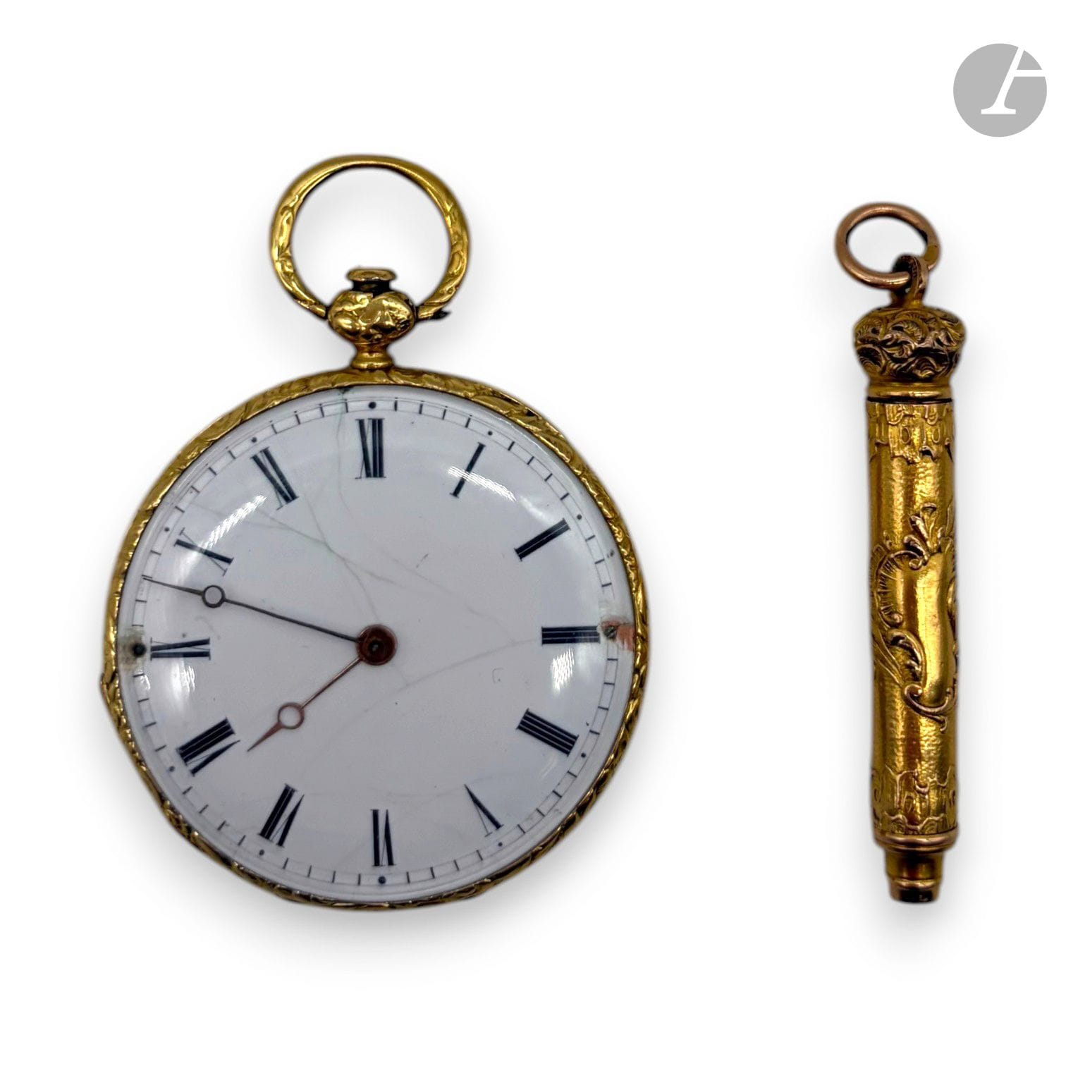 J.F. BAUTTE & Cie
Montre de gousset en or 750/°°°.
Numérotée 63180, inscrite du nom du fabricant et "Rue de la Paix, n°8 à Paris" sur la cuvette en or. 
Sans sa clef.
On joint un porte-mine en or 750/°°° à motifs rocailles. 
Poids brut : 32.9g

FRAIS DE VENTE : 8% HT