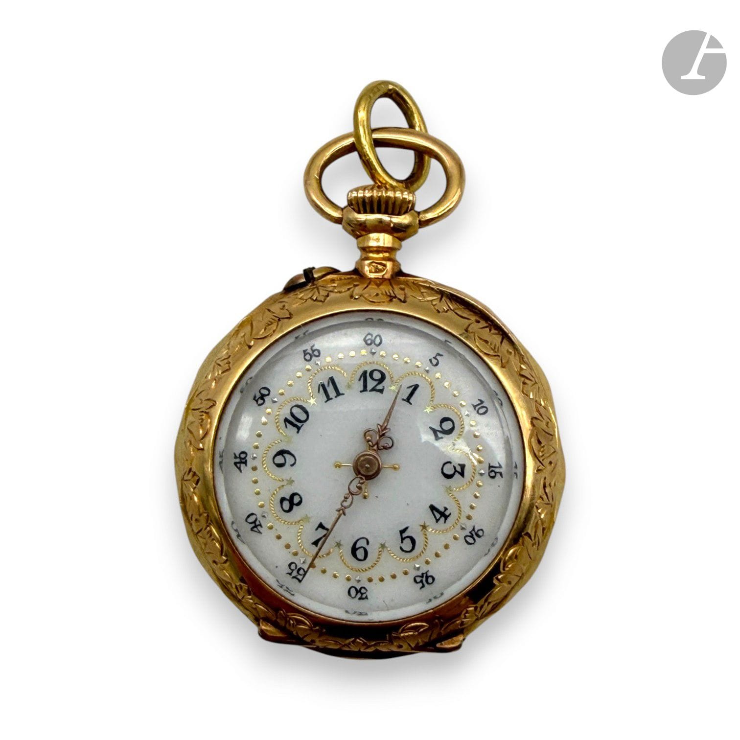 Small collar watch in 750/°°° gold. 
Numbered 91474 on the case and gold bowl.
Enameled and gilt dial with Arabic numerals.
Gross weight: 13.3g

SELLING EXPENSES : 8% HT