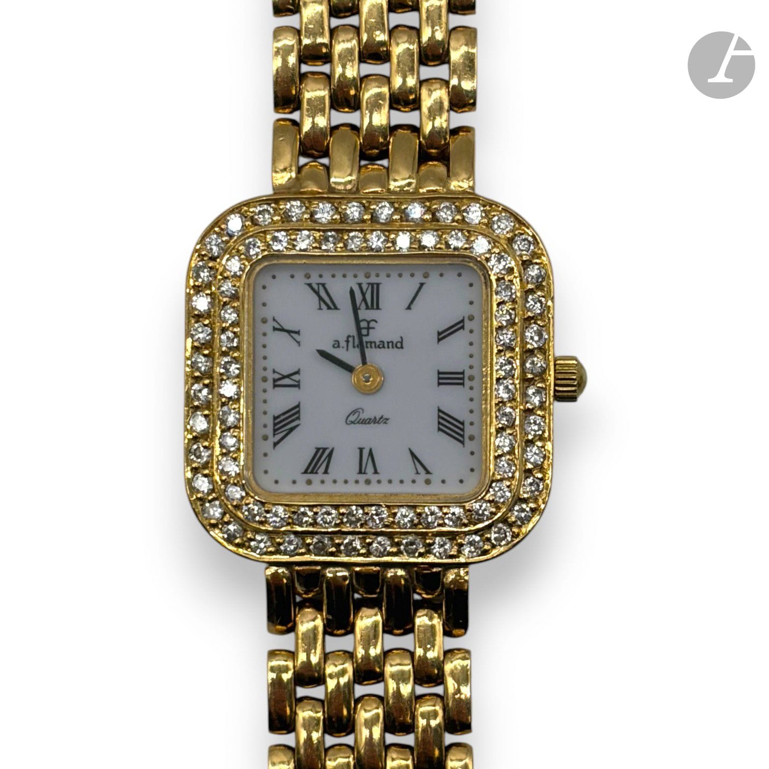 ALEXANDRE FLAMAND 
Montre-bracelet de dame en or 750/°°° et brillants. 
Mouvement à quartz.
Bracelet maille souple et fermoir en or.
Poids brut : 50.6 g

FRAIS DE VENTE : 8% HT