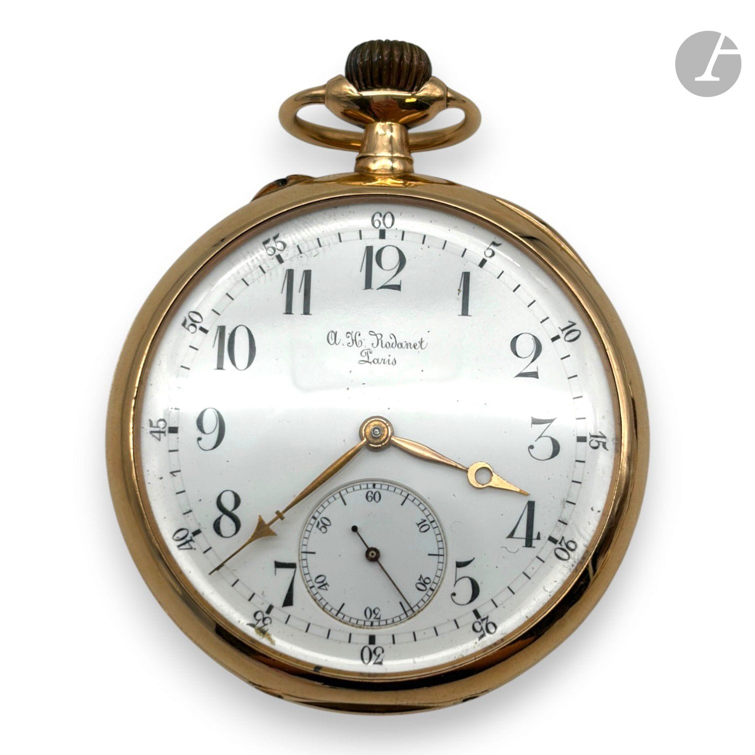 A. H. RODANET à PARIS 
Montre de gousset en or 750/°°°. 
Cuvette en or inscrite "n°12833 A.H. Rodanet Constructeur de chronomètres Paris".
Monogrammée DH sur le boîtier. 
Signature sur le mouvement, la cuvette, le cadran. 
Cadran émaillé avec chiffres arabes et chemin de fer. 
Compteur supplémentaire pour les secondes à 6h.
Poids brut : 89.0g

FRAIS DE VENTE : 8% HT