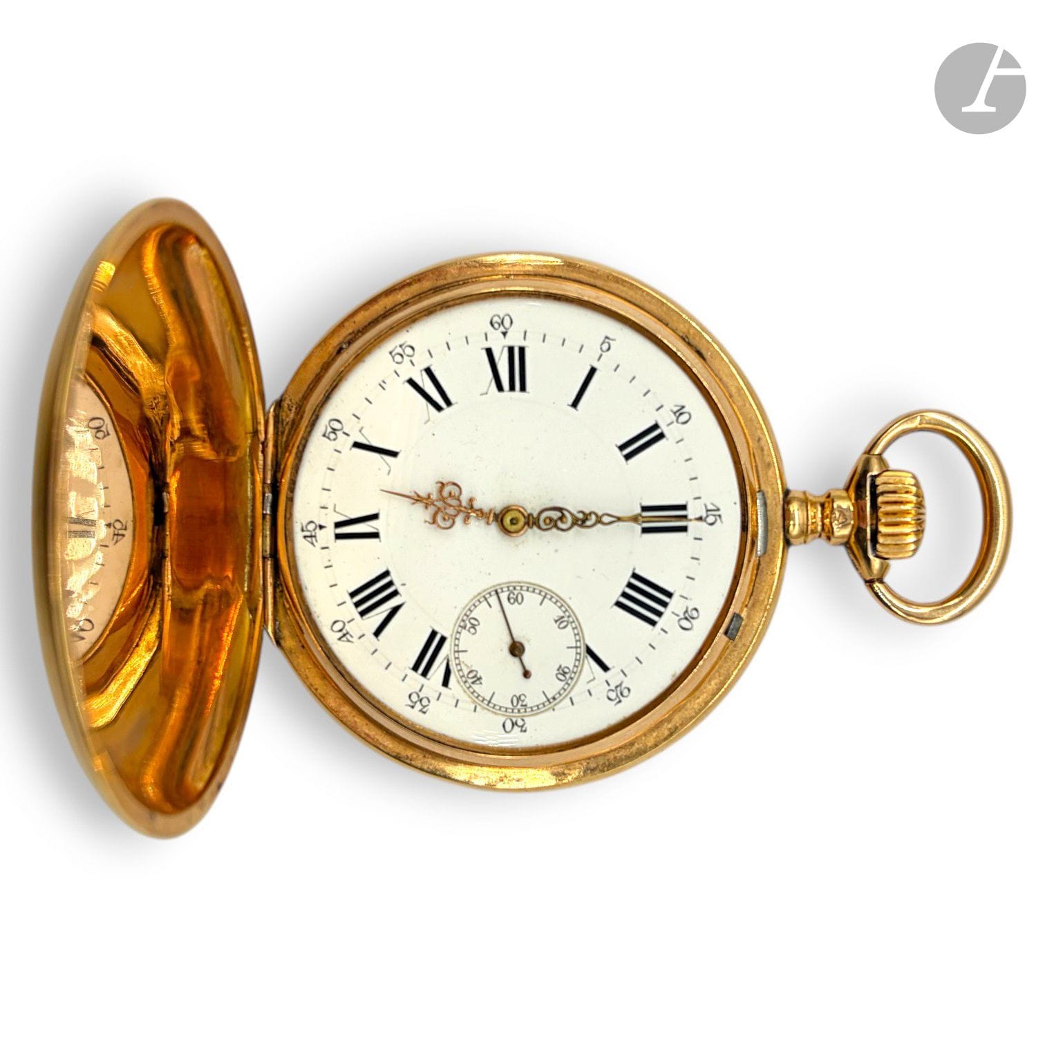 Montre de poche en or 750/°°°. 
Inscrite sur sa cuvette en or : " Spiral BREGUET / Chaton 25 rubis / Ancre ligne droite balancier coupé / Mickel / N° 135986 / Remontoir". 
Cadran émaillé, compteur supplémentaire pour les secondes à 6h. 
Heures en chiffres romains, minutes en chiffres arabes. 
Sans verre protecteur. 
Poids brut : 92.4g

FRAIS DE VENTE : 8% HT