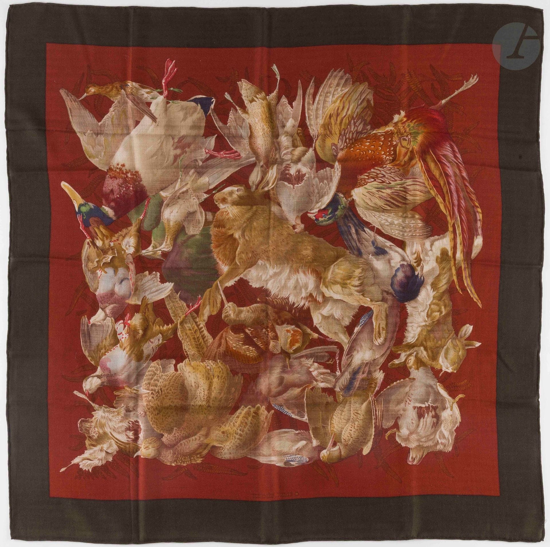 HERMÈS PARIS
Carré 90 in cashmere and silk Gibiers, signed H de Linares, brick background and brown frame