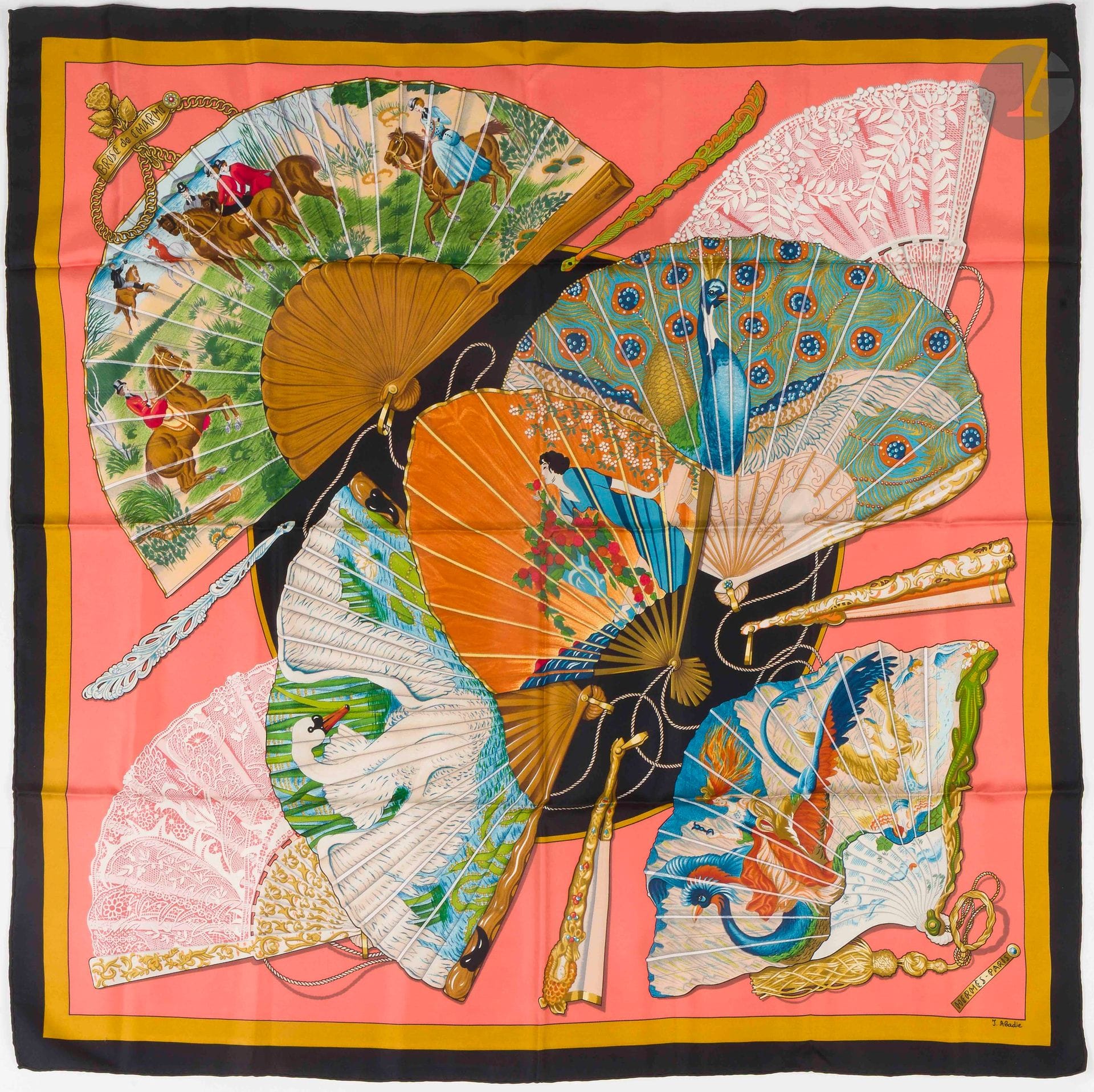 HERMÈS PARIS
Carré 90 in silk twill "Brise de Charme", signed J Abadie, black frame
(pulled threads)