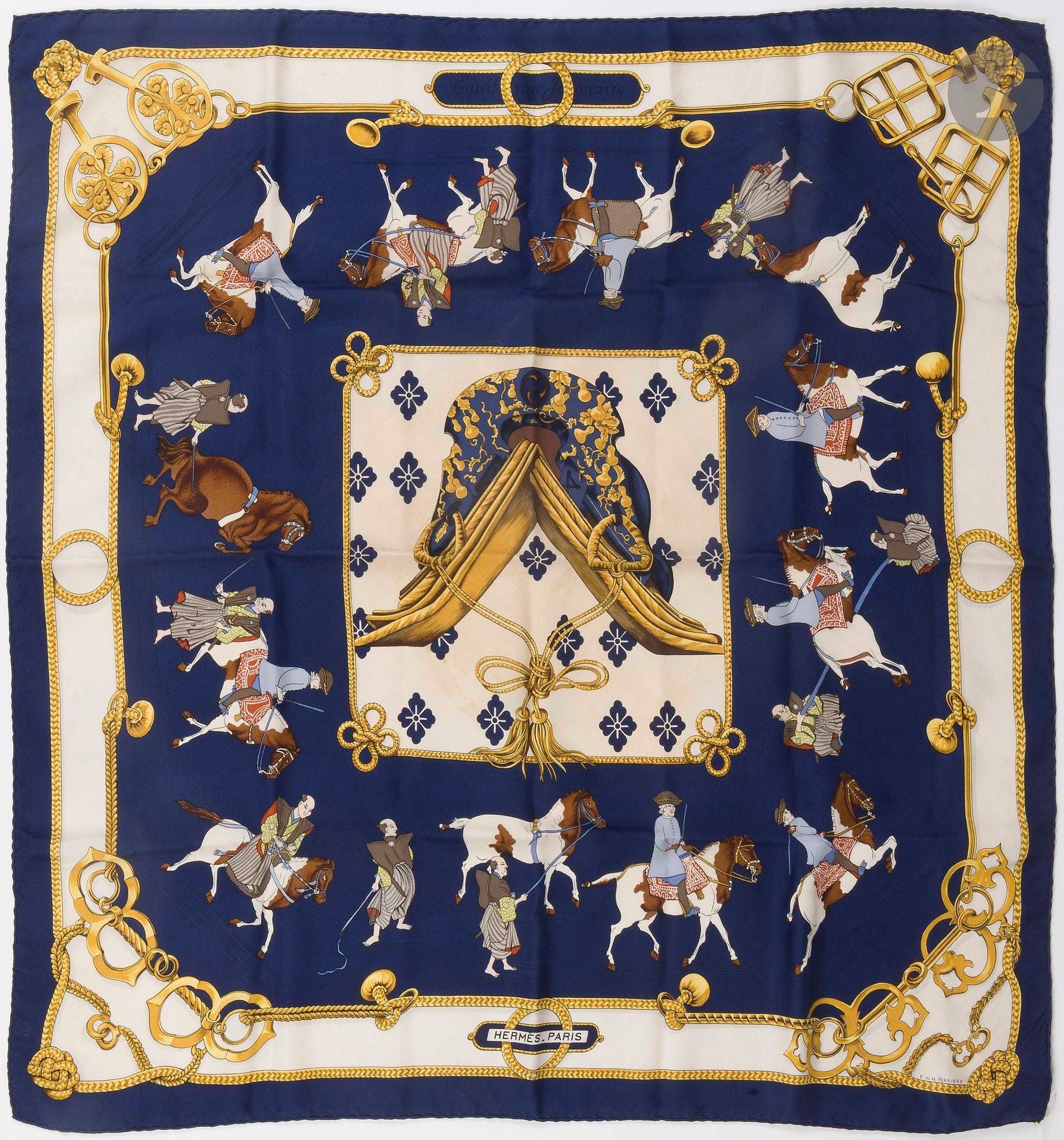 HERMÈS PARIS
Carré 90 en twill de soie "Equitation Japonaise", crème et marine
(taches et fils tirés)