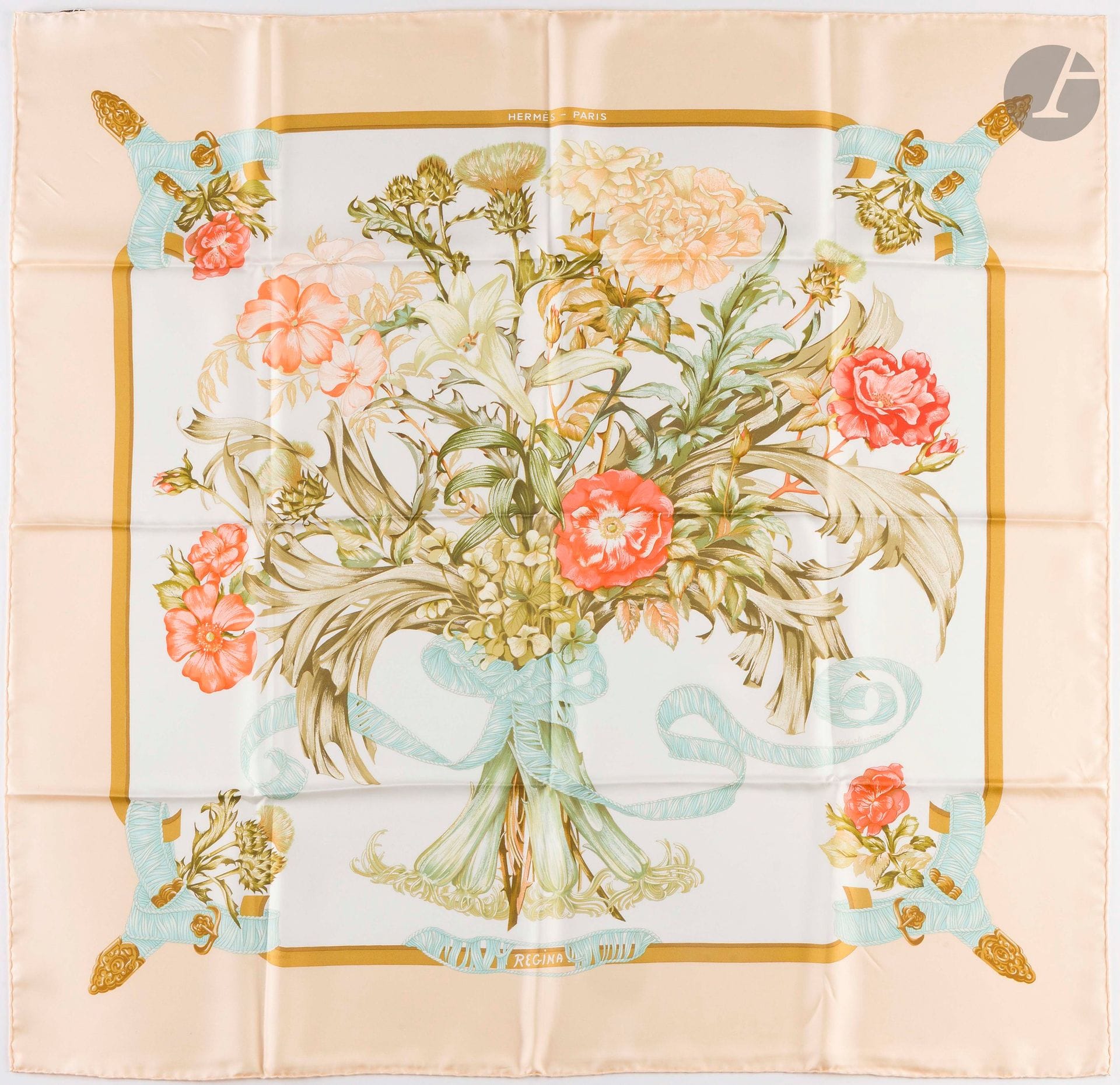 HERMÈS PARIS
Carré 90 in "Regina" silk twill, signed Leïla Menchari, eggshell surround
(tiny threads pulled)
