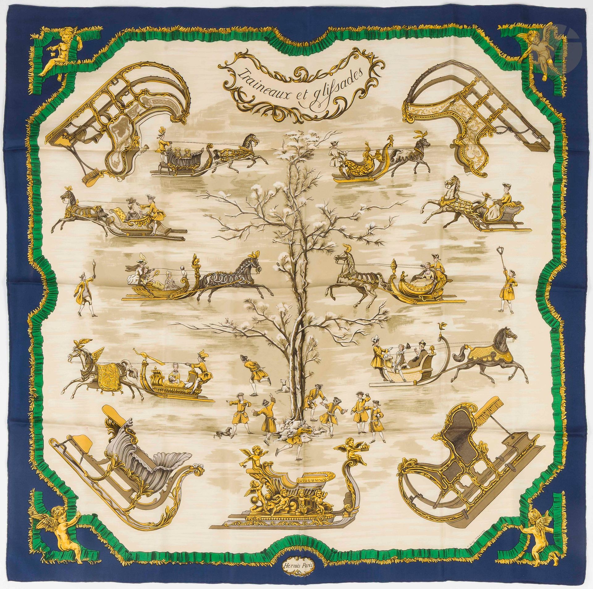 HERMÈS PARIS
Carré 90 en twill de soie "Traineaux et Glissades", signé F de La Perriere, entourage marine
(quelques petites taches et quelques fils tirés)