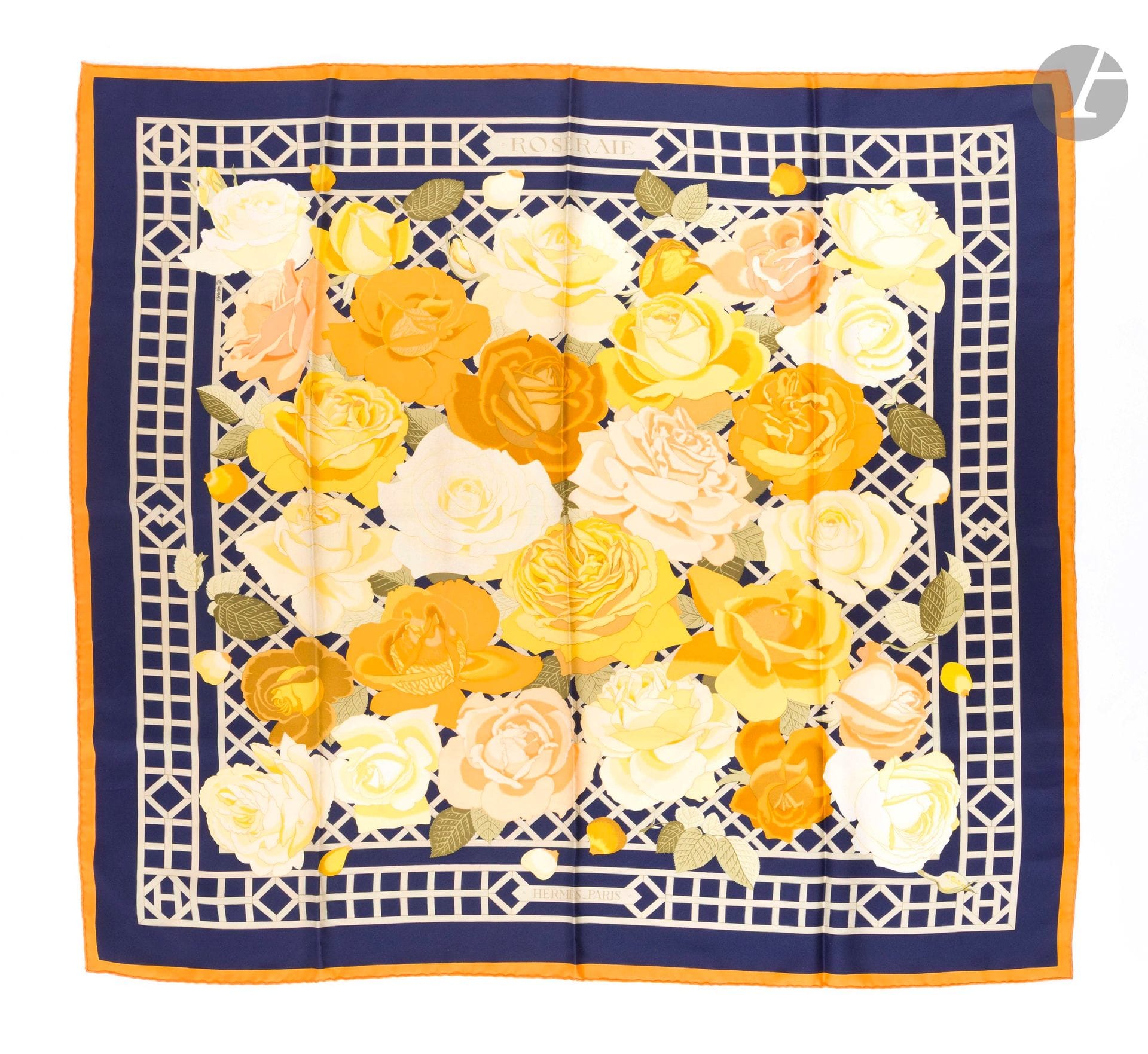 HERMÈS PARIS
CARRÉ 90 in "Roseraie" silk twill, navy background and orange-yellow frame. In box