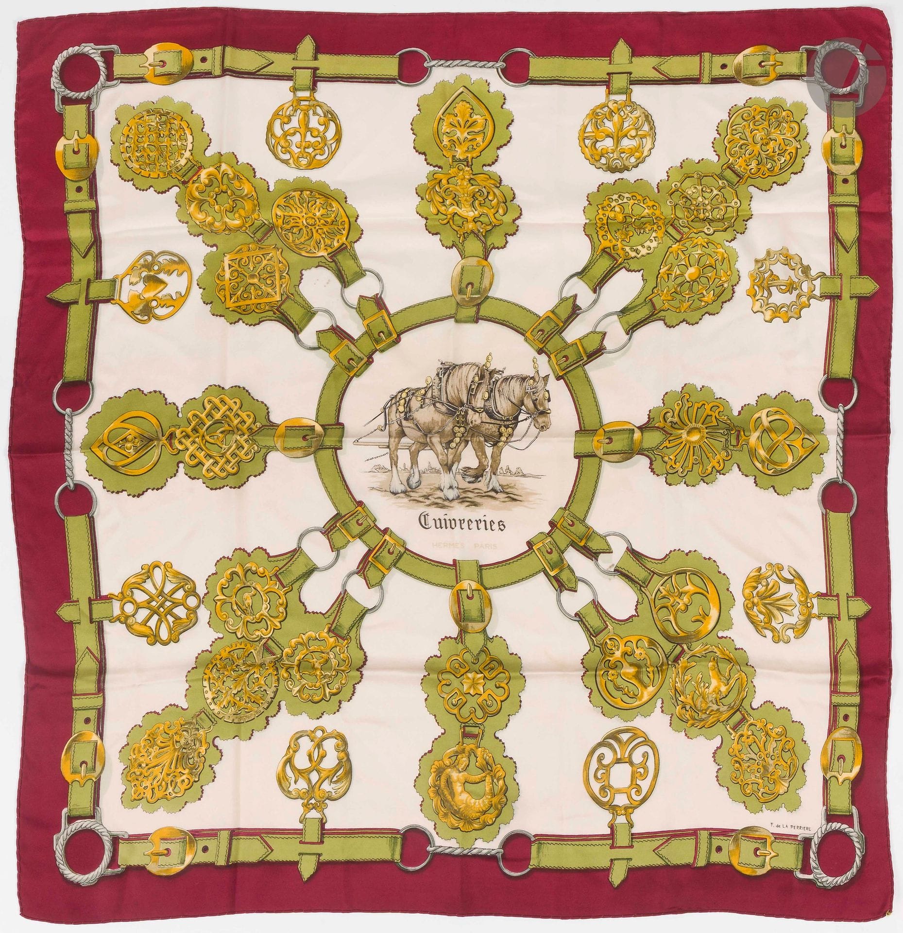 HERMÈS PARIS
Carré 90 in "Cuivreries" silk twill, signed F de La Perriere, burgundy border
(stains and pulled threads)