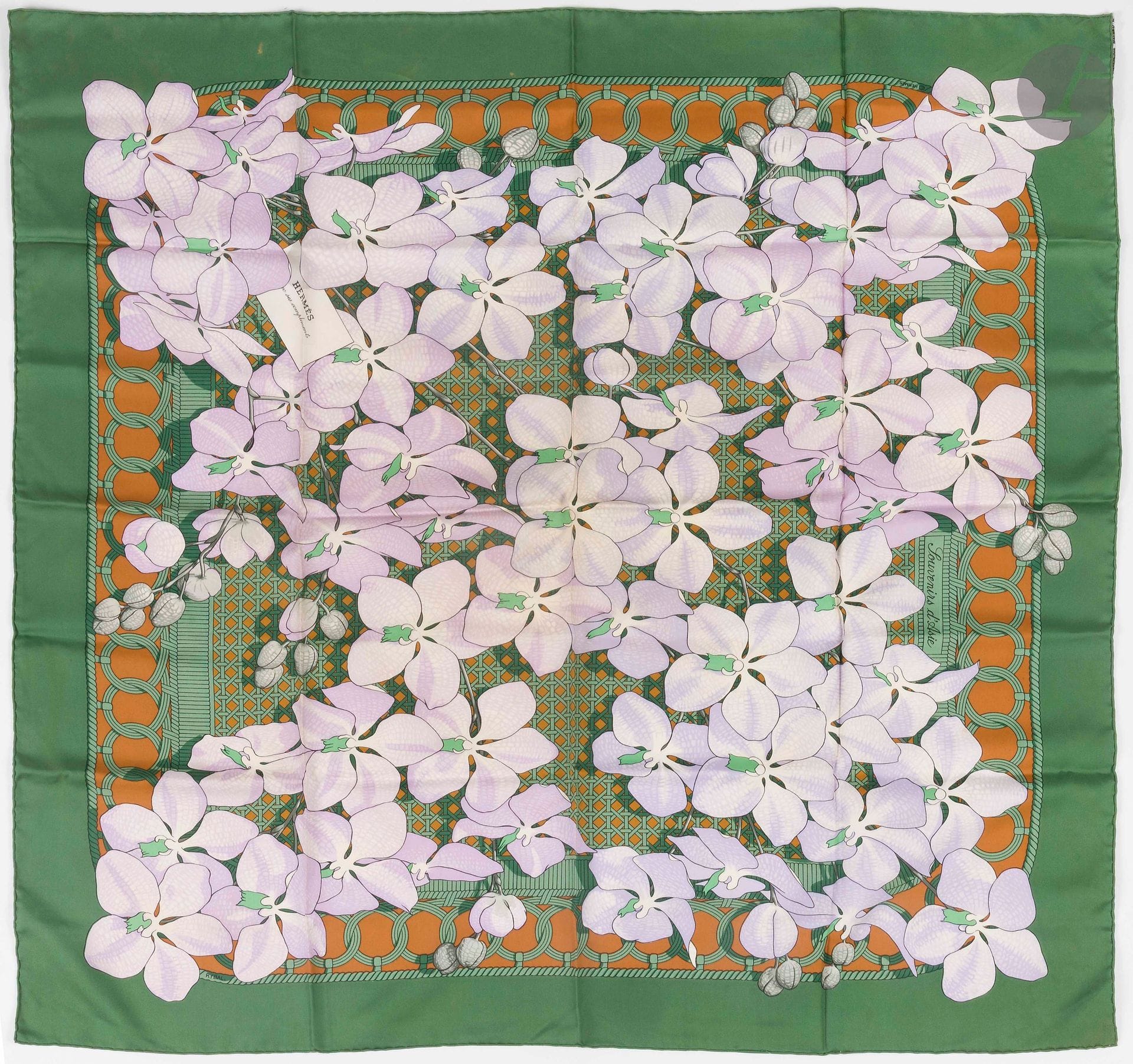 HERMÈS PARIS
Carré 90 in silk twill "Souvenirs d'Asie", signed Rybal, green frame
(a few small spots of discoloration)