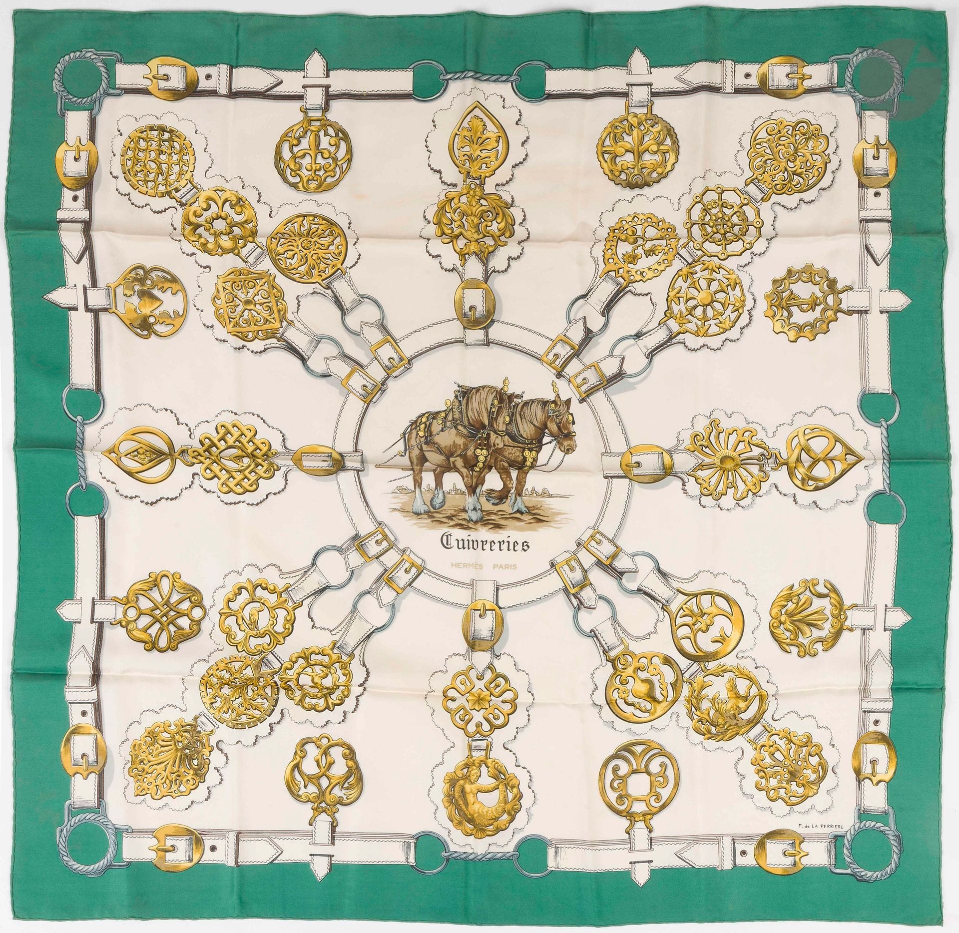 HERMÈS PARIS
Carré 90 in "Cuivreries" silk twill, signed F de La Perriere, cream background and green border
(stains and flattened roulotté)