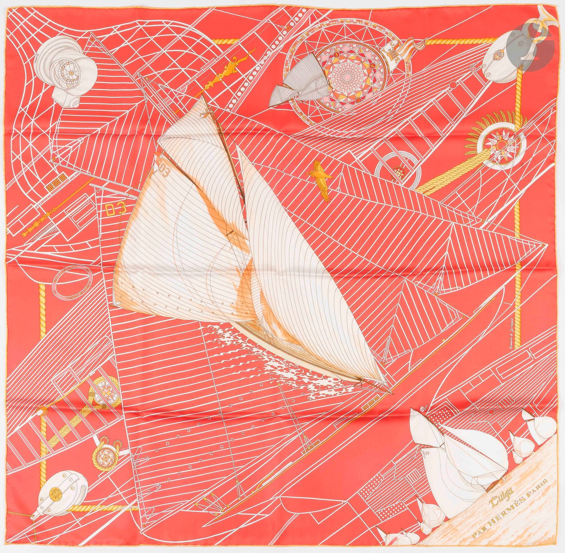 HERMÈS PARIS
Carré 90 in "Tuiga" silk twill, signed Dominik A. Jarlégant, orange background and yellow roulotté. In box
(very good condition)