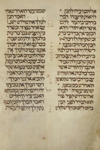 ROULEAU D'ESTHER. Fragment d'un rouleau (4 colonnes). Encre passée. 38 x 29 cm