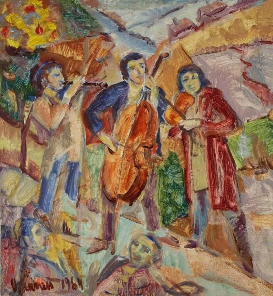 Ilya KAGAN (XXe siècle)
Les Musiciens, 1964 Huile sur toile. Signée et datée en bas à gauche. Signée, datée et titrée au dos. 61 x 50 cm