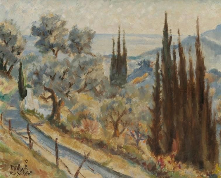 Maurice-Jean MICHA (1890-1969)
Paysage aux cyprès, 1964 Huile sur toile. Signée et datée en bas à gauche. 50 x 61 cm
