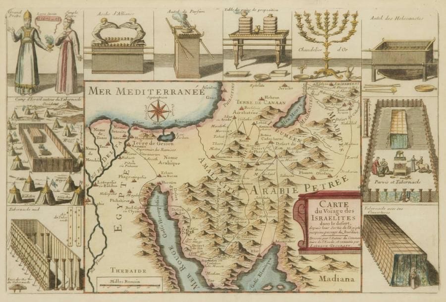 [CARTE GÉOGRAPHIQUE] LIEBAUX, Carte du voyage des Israélites Eau-forte rehaussée à l'aquarelle, XVIIe siècle. Légères pliures au centre. 36 x 25,5 cm (à vue).
