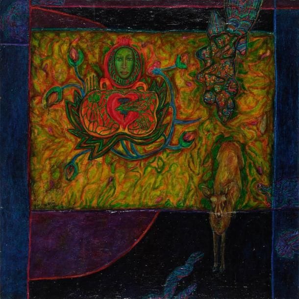 Abraham PINCAS (né en 1945)
L'Oiseau bleu Huile sur toile. Signée en bas à gauche. 80 x 80 cm