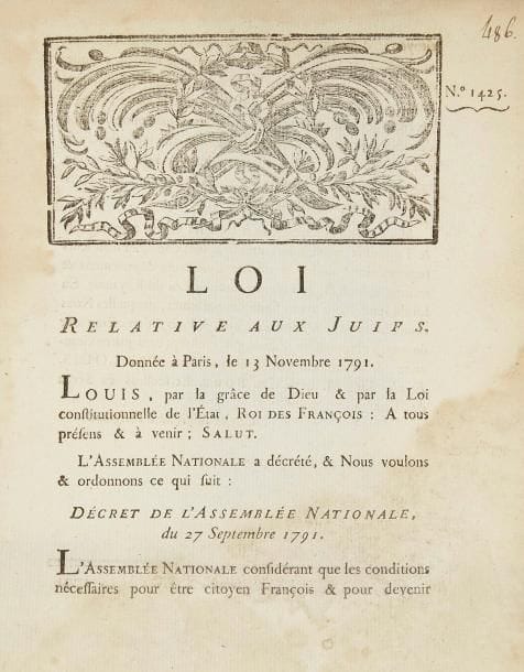 [DROITS DES JUIFS] Loi relative aux Juifs donné le 13 Novembre 1791. Paris, Imprimerie Royale, 1791. Décret qui octroie aux juifs le droit de citoyen sous condition qu'ils prêtent le serment civique. 2 pages in-4, bandeau gravé sur bois en-tête.