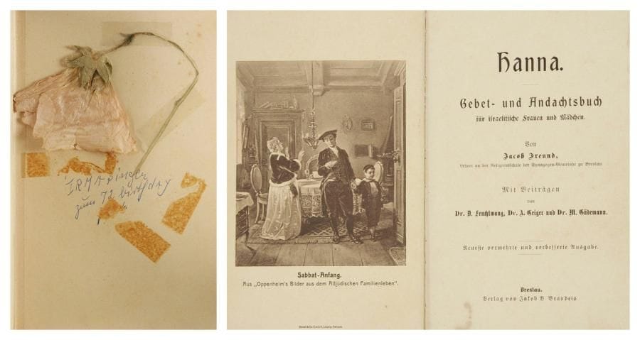 [PRIÈRES - HANNA], FREUND Jacob, Gebet und Andachtbuch fur Israelitische Frauen und Madchen. Jacob Brandeis, Breslau, s.d. (1908). Ouvrage en allemand, in-12, 303 p., une gravure en tête d'ouvrage. Reliure cuir décorée d'ornements en nacre en état moyen, ornements métalliques du cadre manquant. On joint 6 autres ouvrages en hébreu et en allemand.