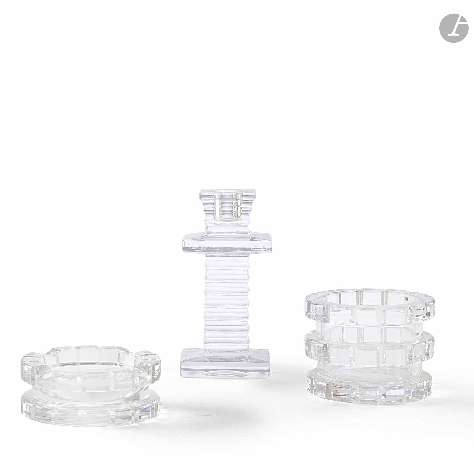 JEAN SALA (1895-1976) MODEL DESIGNER &amp; CRISTALLERIE SAINT-LOUIS - 3 WORKS  
Set comprising a candlestick, a pencil pot and an ashtray. Proofs in cut crystal. Each piece signed Jean SALA and marked with the crystal-maker's circular stamp on the reverse. H. 14.5 cm - 7.5 cm - 3.5 cm
