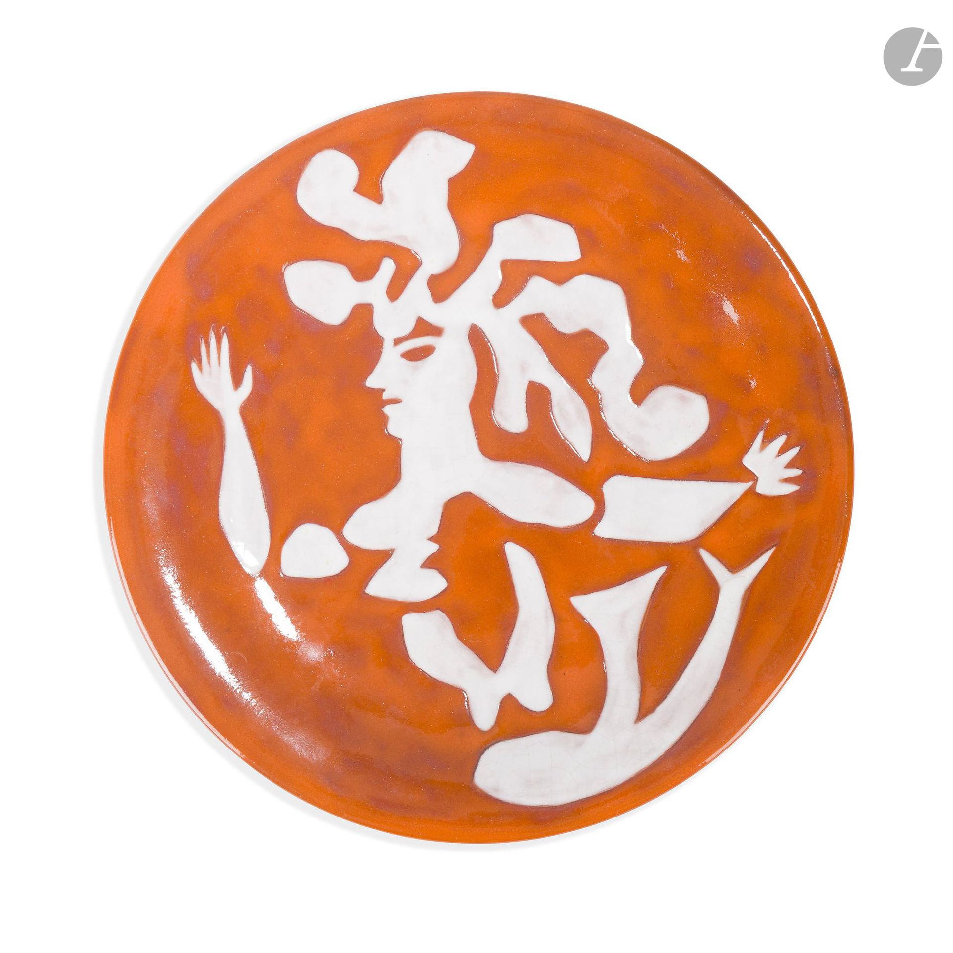 JEAN LURÇAT (1892-1966) PAINTER-CARTONNIER &amp; MANUFACTURE DE SANT-VICENS
Character
Slightly hollow plate. Glazed ceramic proof; the title decoration treated white on a rusty ground, Marked Dessin J. LURÇAT - Sant-Vicens - M.P. -au revers. D. 24.5 cm