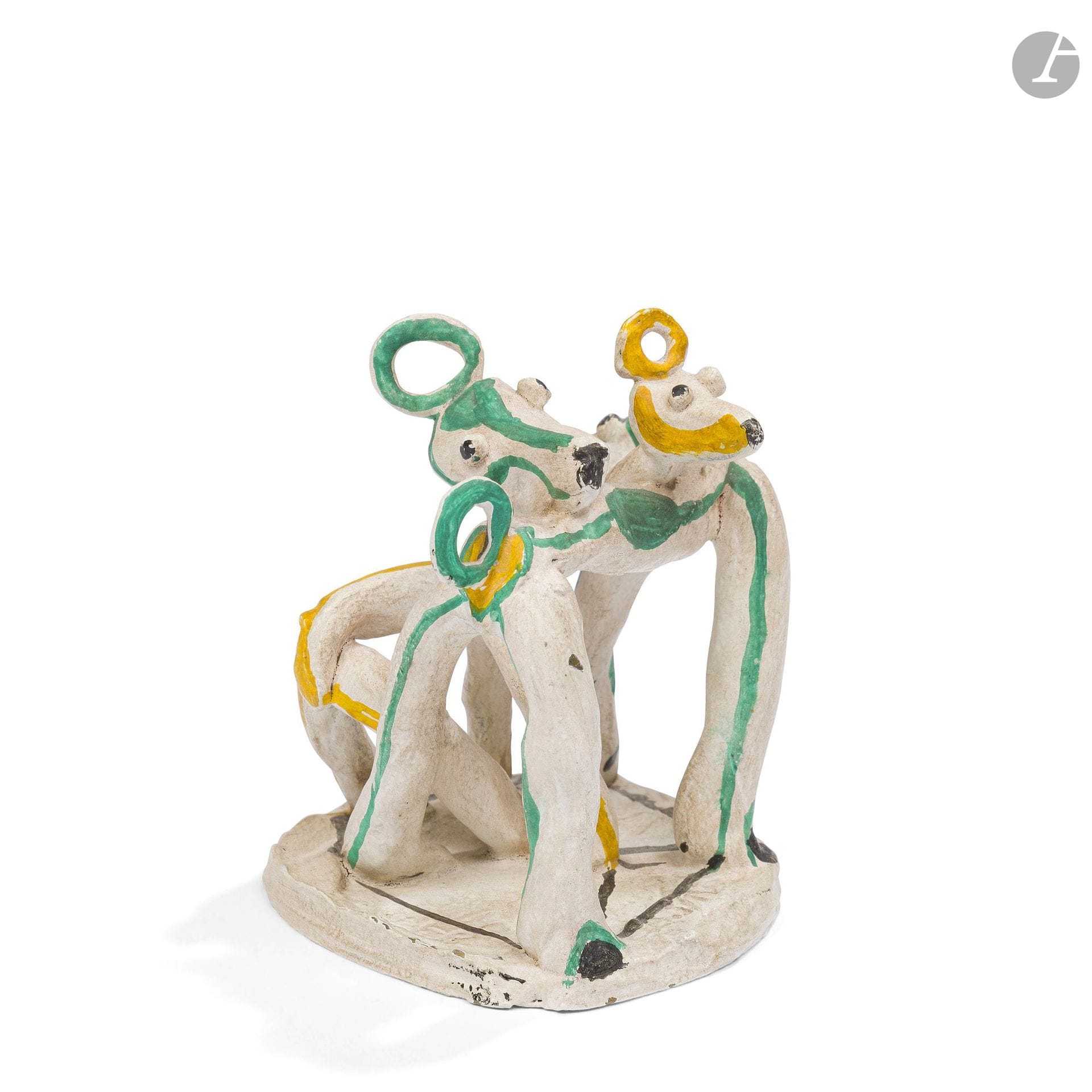 JEAN LAMBERT-RUCKI (1888-1967)
Médor et Gladys dit aussi Animaux Fantastiques, Épreuve d’Artiste n° II/IV
Sculpture. Épreuve en bronze peint. Fonte d’édition post-mortem. Signée des initiales J.L.-R, porte la mention E.A. et le justificatif de tirage II/IV sur la base, porte le cachet d’éditeur Ed. Vallois Paris et le cachet de fondeur CAIF (Ciselure d’Art d’Ile-de-France) sous la base. H. 8 cm
