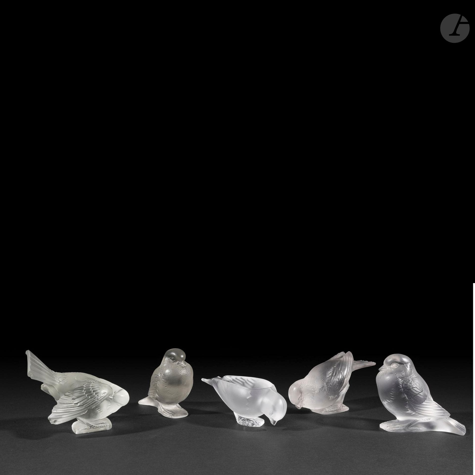 RENÉ LALIQUE (1860-1945) 
Proud sparrow (x 2), shy sparrow, coquettish sparrow, models designed in [1929].
Set of 4 decorative subjects. Pressed-molded white glass proofs (Ref. Marcilhac 1149, 1151 and 1165).  All with accidents and missing pieces. Each signed R. LALIQUE under the base.  H.8,5 cm - 7,5 cm - 9 cm