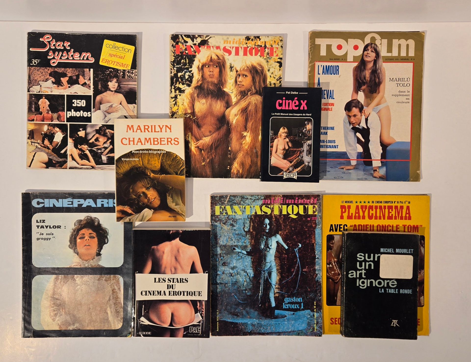 EROTICA
Lot d’ouvrages, notamment : 
DELBE Pat, Ciné X, Petit manuel à l’usage des amateurs, Éditions et Publications Premières, 1978
MOURLET Michel, Sur un art ignoré, La Table Ronde, 1965
CHAMBERS Marilyn, Mon éroto-biographie, Feuvert, 1977
RODE H., Les stars du cinéma érotique, PAC, 1976
Et divers magazines