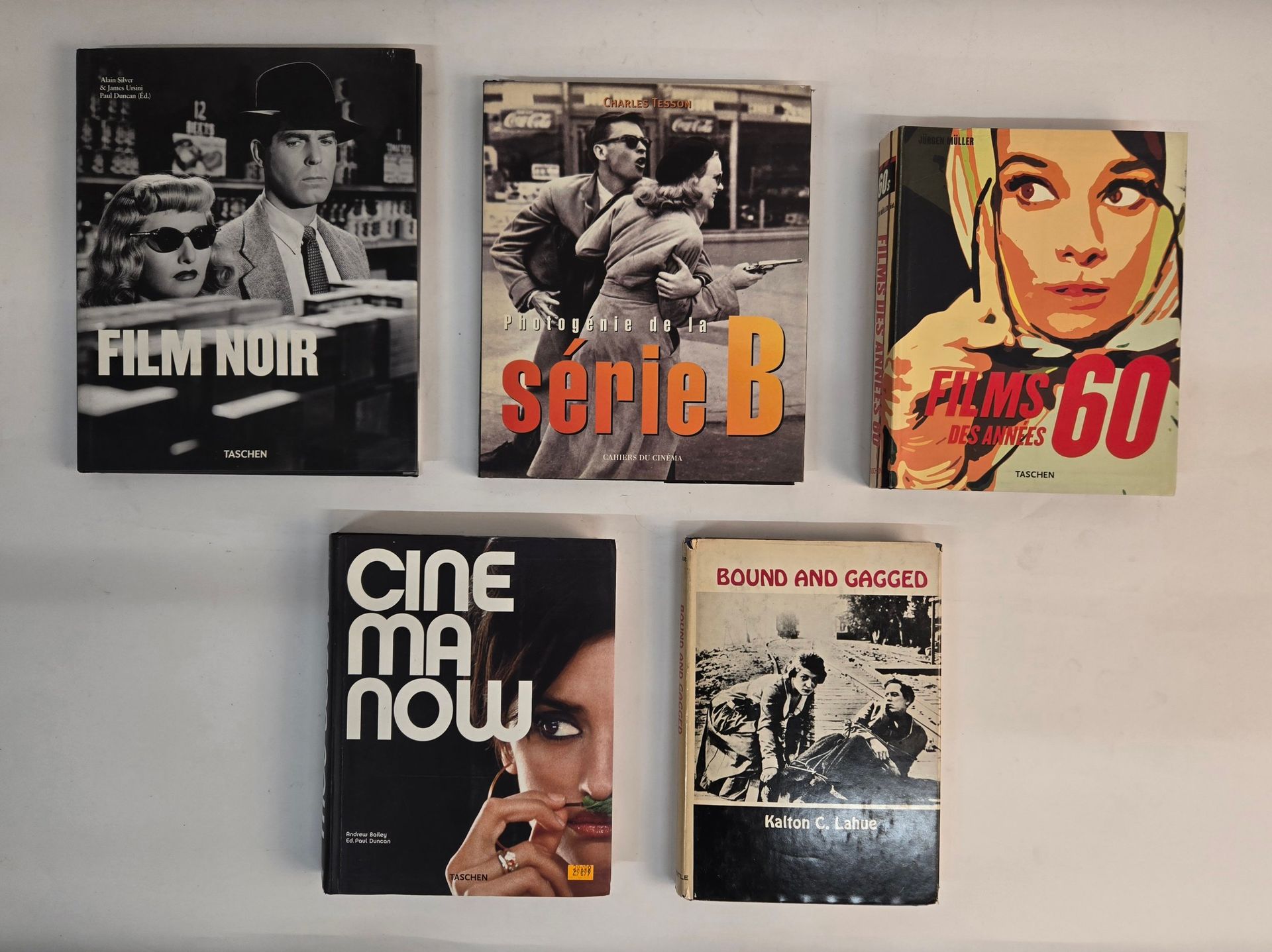 CINÉMA
Ensemble de 5 ouvrages : 
MÜLLER Jürgen, Films des années 60, Taschen, 2004
TESSON Charles, Photogénie de la série B, Cahiers du cinéma, 1997
BAILEY Andrew et DUNCAN Ed. Paul, Cinema now, Taschen, 2007, avec CD, en anglais, français et allemand
SILVER Alain, URSINI James et DUNCAN Paul, Film noir, Taschen, 2012
LAHUE Kalton C., Bound and gagged - The story of the Silent Serials, Castel books, 1968, en anglais