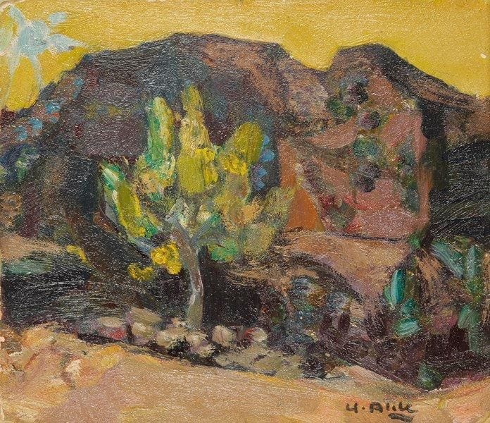 Yvette ALDE (1911-1967)
Paysage à l'arbre Huile sur carton. Signée en bas à droite. 20 x 23 cm