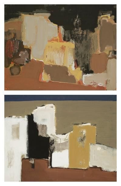 P. DIAZ (XXe siècle)
Villes, 1960-1962 Deux gouaches. Signées et datées. (Trous de punaises). 50 x 65 cm chaque.