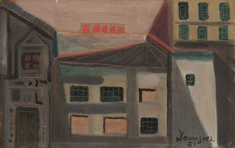 Oscar Dominguez (1906-1957)
Maisons, 1951 Huile sur toile. Signée et datée en bas à droite. 14 x 22 cm