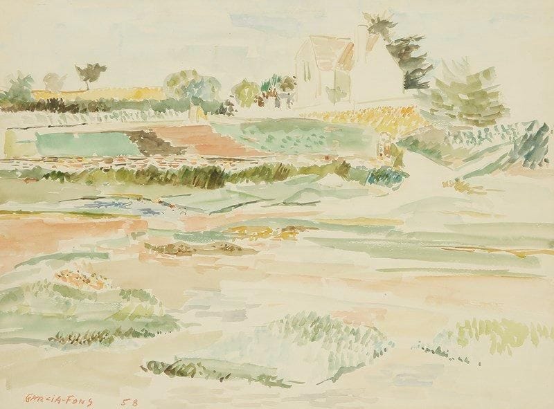 Pierre GARCIA-FONS (né en 1928)
Paysage, 1958 Aquarelle. Signée et datée en bas à gauche. 47 x 62 cm