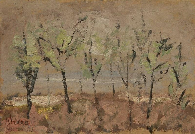 GHERA (XXe siècle)
Paysage aux arbres Huile sur carton. Signée en bas à gauche. (Accidents). 38 x 55 cm