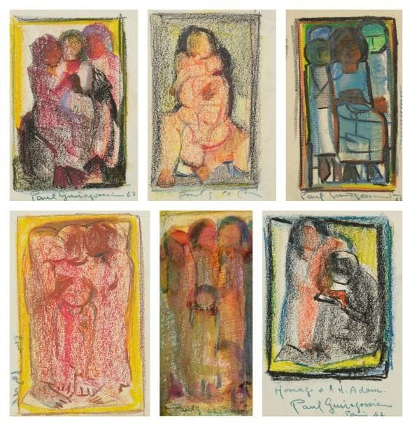 PAUL GUIRAGOSSIAN (1926-1993)
Études de personnages, 1962 Six dessins au pastel gras. Signés, datés et situés Paris (5). Environ 24 x 16 cm