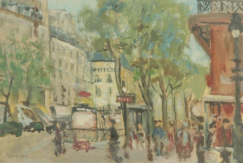 Guillaume LEIBOVITZ dit GUYLBO (1897-?)
Rue de Paris Huile sur carton. Signée en bas à gauche. 17,5 x 25 cm