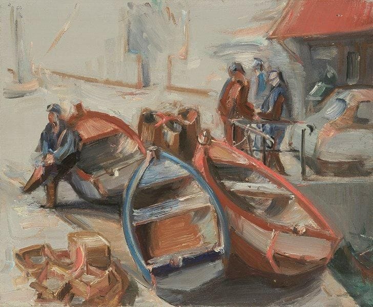 Jean HÉLION (1904-1987)
Les Attentes, 1964 Huile sur toile. Monogrammée et datée en haut à gauche. Signée, datée et titrée au dos. 38 x 46 cm
