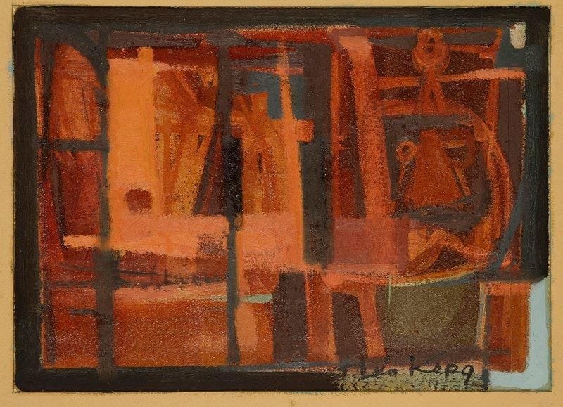 Théo KERG (1909-1993)
Dans la cabine du chef de gare Huile sur carton. Signée en bas à droite. Signée et titrée au dos. 25 x 35 cm