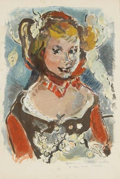 Michel KIKOÏNE (1892-1968)
Jeune fille à la grappe de fruit Gouache sur fond lithographié. Signée et dédicacée en bas à droite. 56 x 38 cm