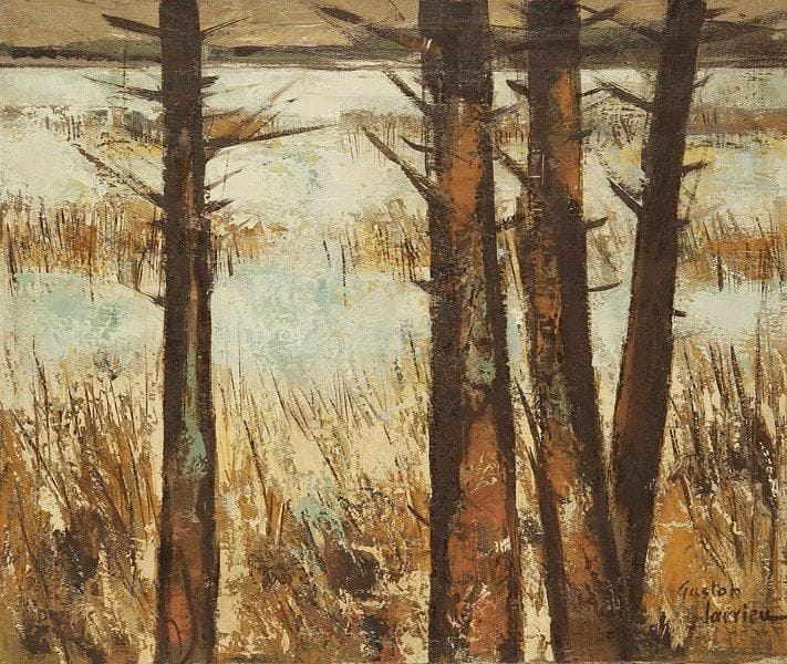 Gaston LARRIEU (1908-1983)
Étang des Landes Huile sur toile. Signée en bas à droite. Signée et titrée au dos. 46 x 55 cm